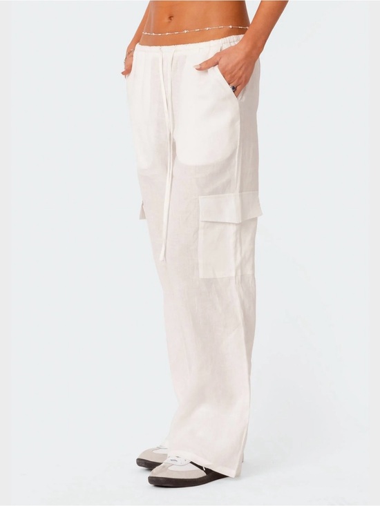 Edikted Pants - Edikted Lyric Linen Look Cargo Pants Small White